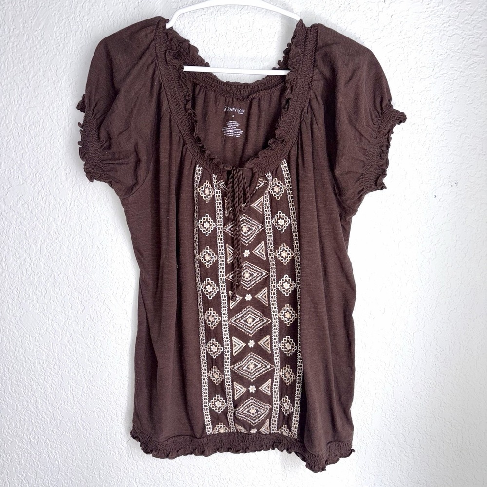 St John's Bay Women's M Brown 100% Cotton Tie Top Embroidered Boho Smock Tunic